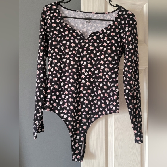 PINK Victoria's Secret Tops - PINK Victoria's Secret Black Long-Sleeve Floral Bodysuit